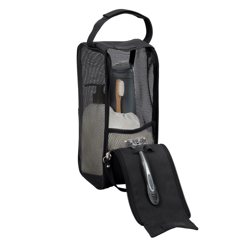 Simplify Hanging Mesh Toiletry Bag | Travel Organizer | Perfect for Dorm | Gym | Back to School | Shampoo | Shower Accessories | Black - Image 1